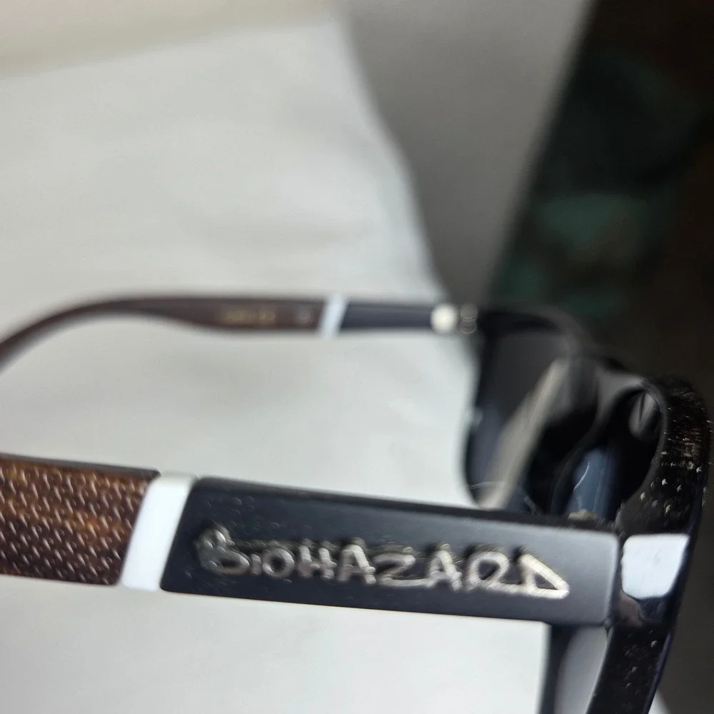 Biohazard Sunglasses Black Square Frame Wood Grain Arms UV400 Protection NEW